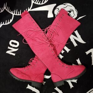 Pink Lace Up Boots Sz 6 - Combat Style Faux Suede